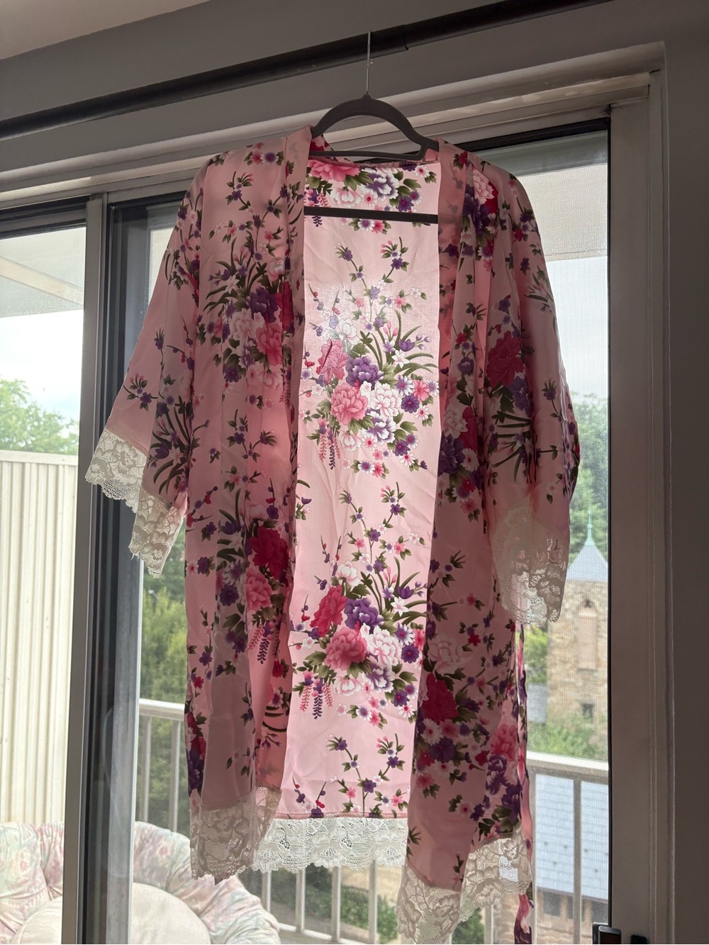 Pink Floral Lace-Trim Satin Kimono Robe - Women Intimates & Sleepwear